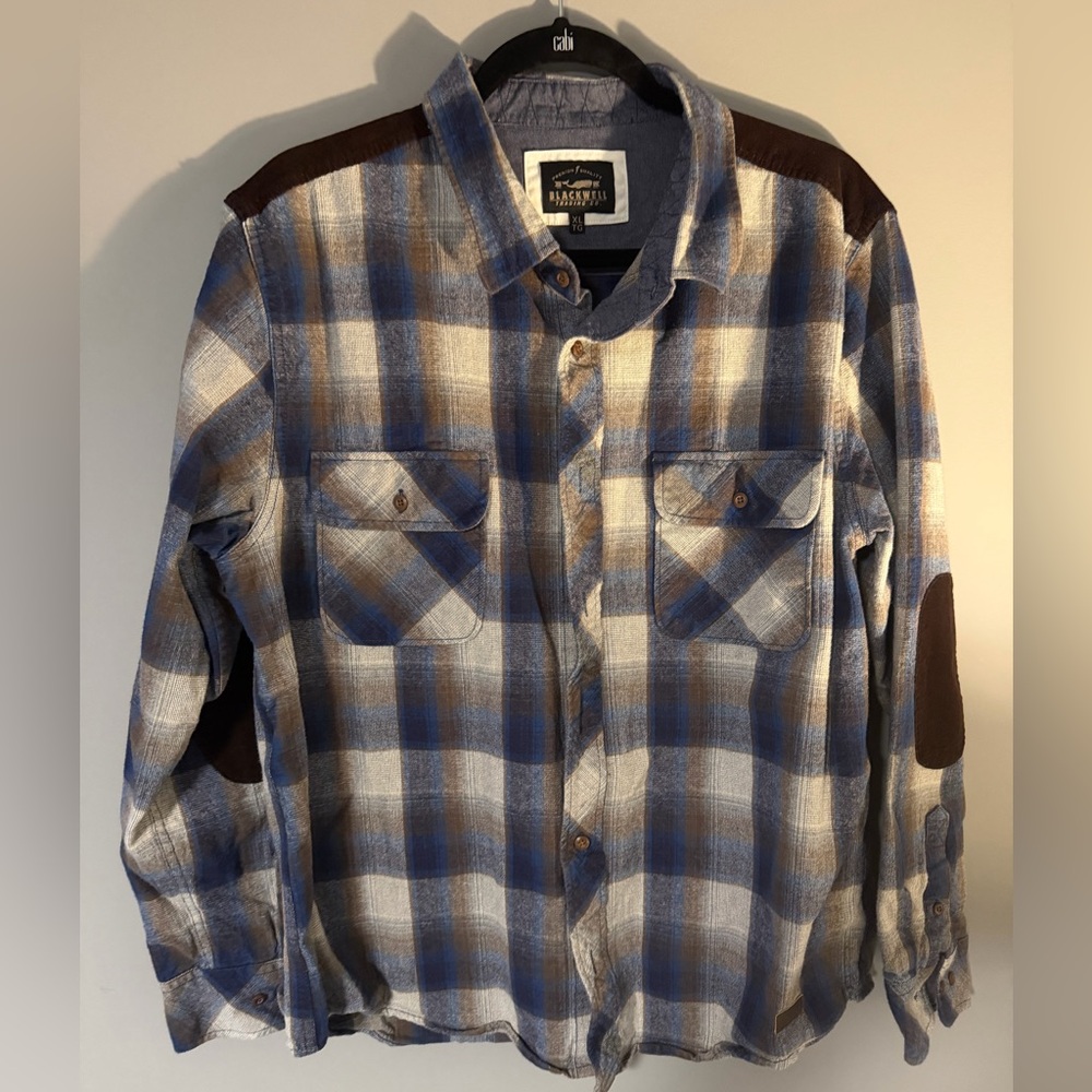 Blackwell Trading Co Blue and Brown Plaid Cotton Flannel Shirt w/ elbow patches!